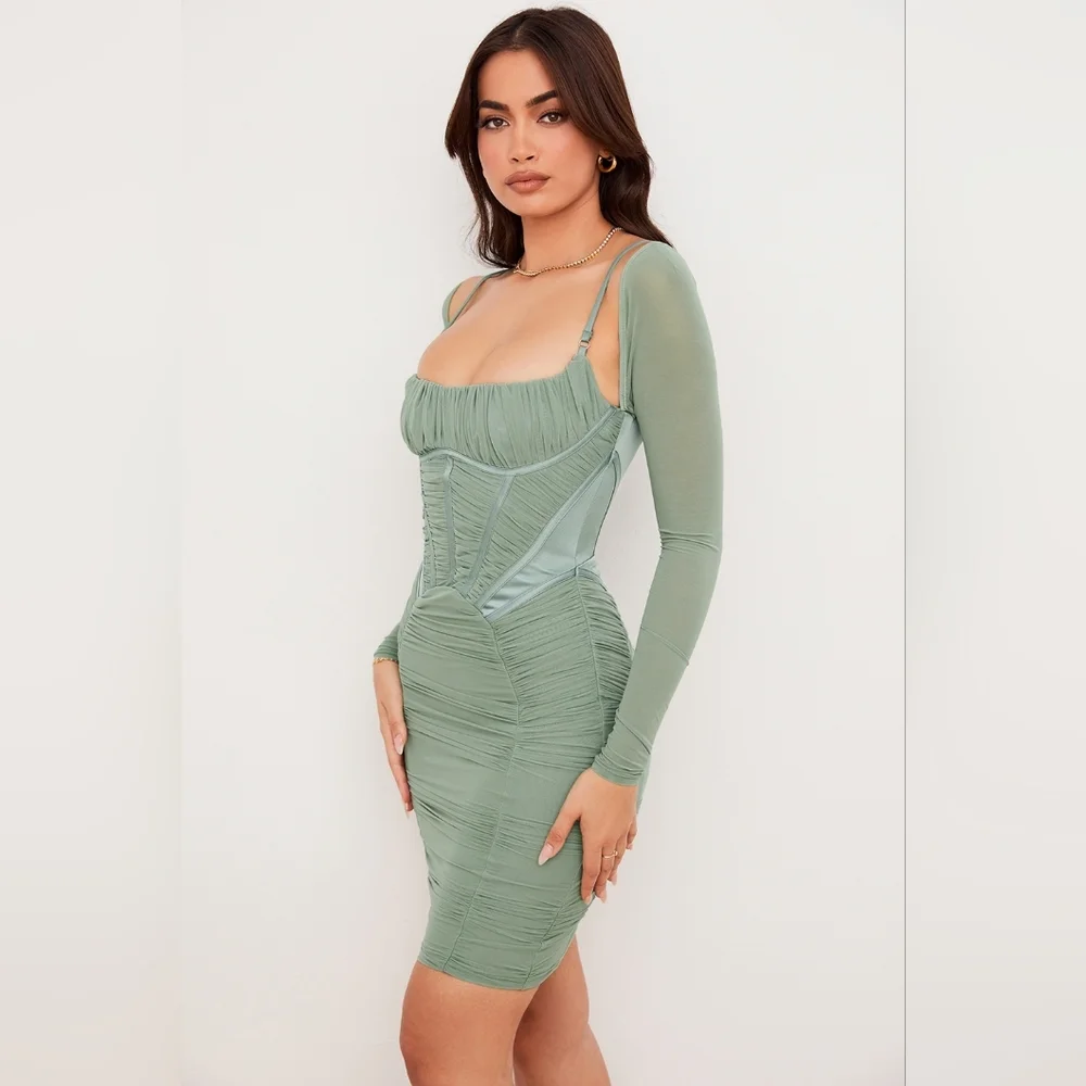 NWT House Of CB Freyja‎ Green Gathered Corset Dress XS Plus Cup - Picture 3 of 10